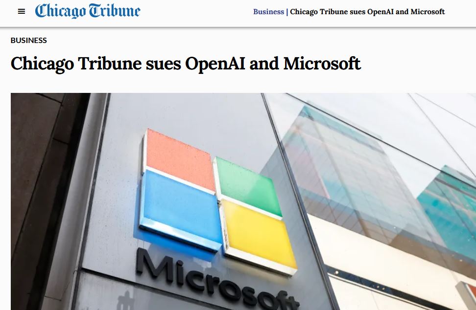 Chicago Tribune Headline sueing OpenAI Microsoft 30 April 2024
